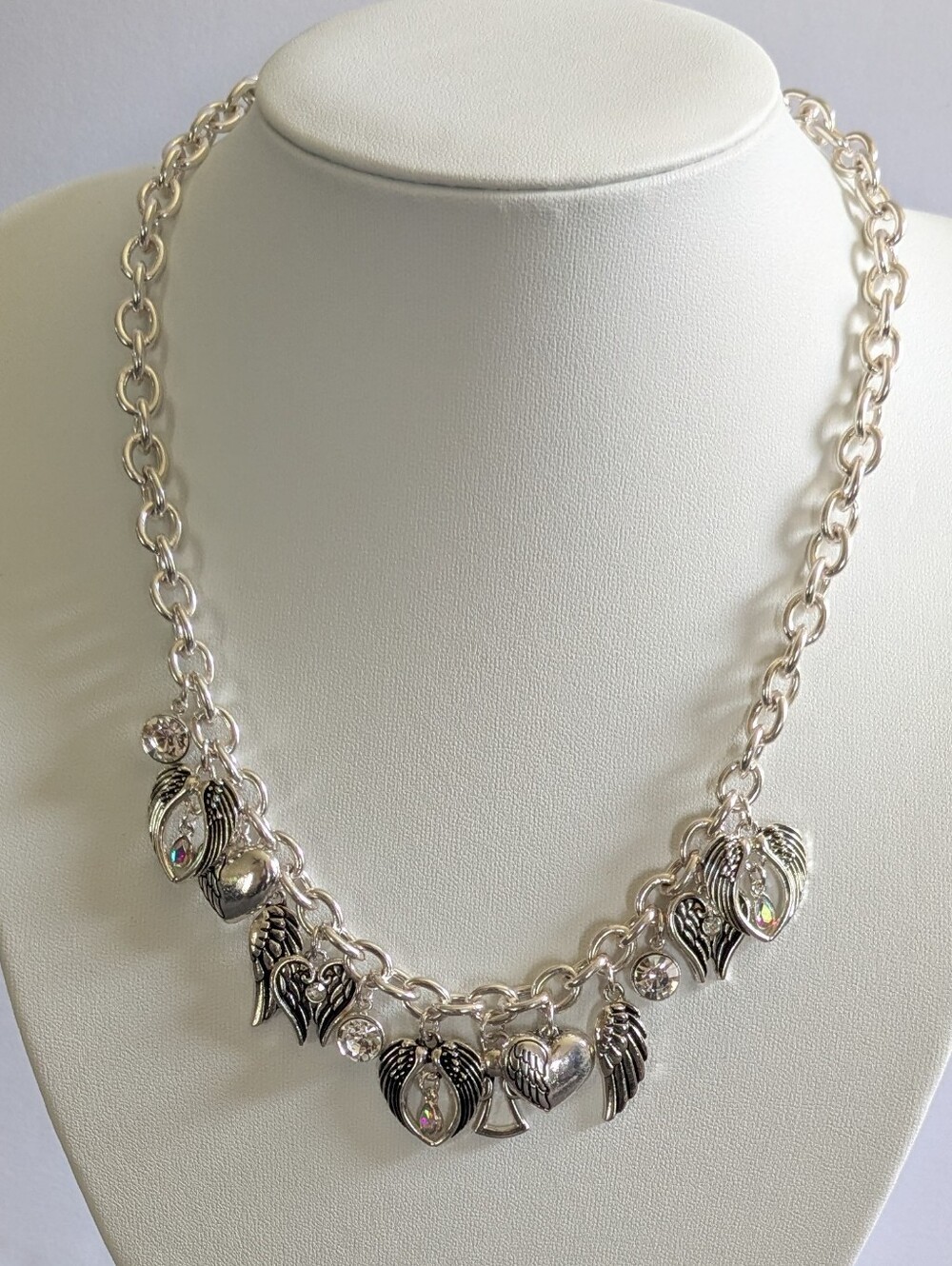 Angel Wing Heart Charm Necklace Silver Tonr  Adjustable 18" Chain